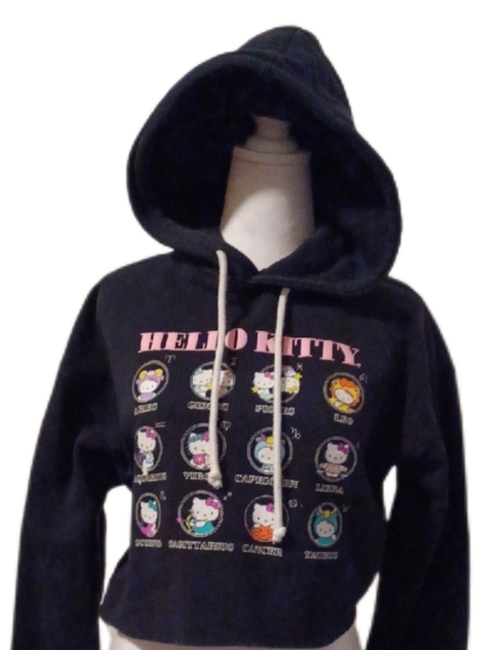 << Forever 21 Hello Kitty Black Cropped Hoodie with Pink Logo Women's Size Small